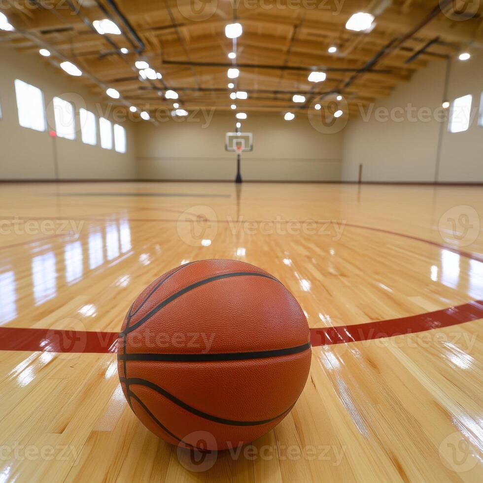 basketball court with a basketball placed in the center. The court features well-marked lines, a wooden floor with a polished finish, and basketball hoops in the background photo