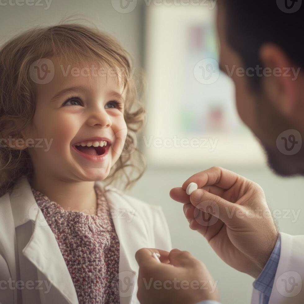 child smiling and looking at a doctor while being given a pill. The child, around 5-7 years old, sits comfortably in a medical setting, smiling with a sense of trust photo