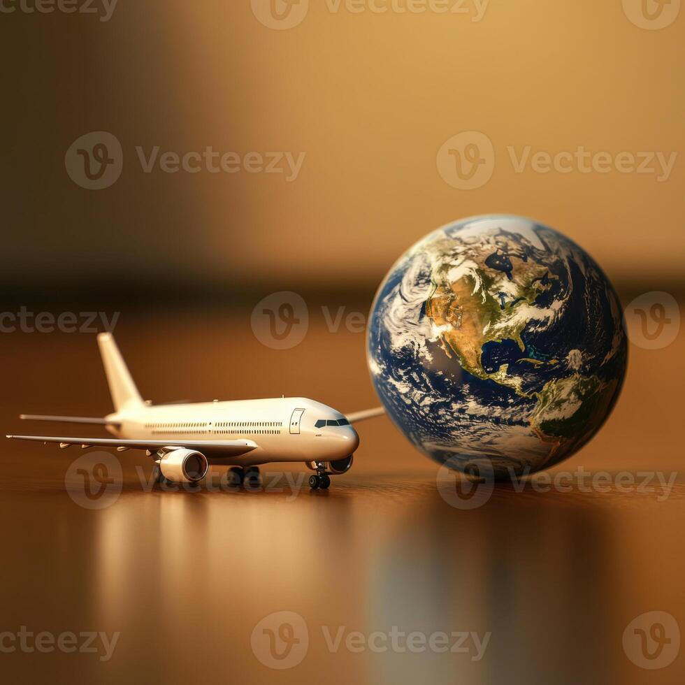 A small model airplane and a miniature planet figurine are placed next to each other on a flat surface, with the airplane slightly angled as if soaring around the planet. photo