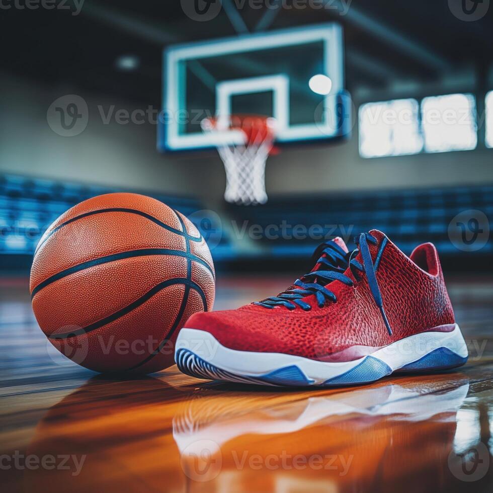 photo of a basketball and a pair of brand-new basketball sneakers placed on the polished hardwood floor of an indoor basketball court