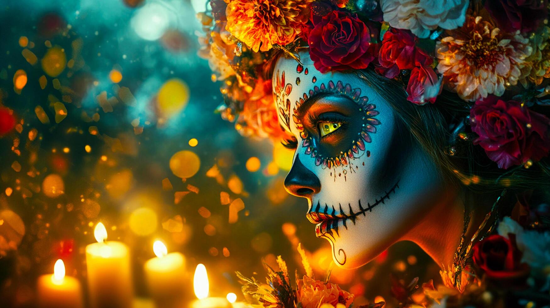 Day of the Dead Background Vibrant Mexican Design with Sugar Skulls and Marigolds photo