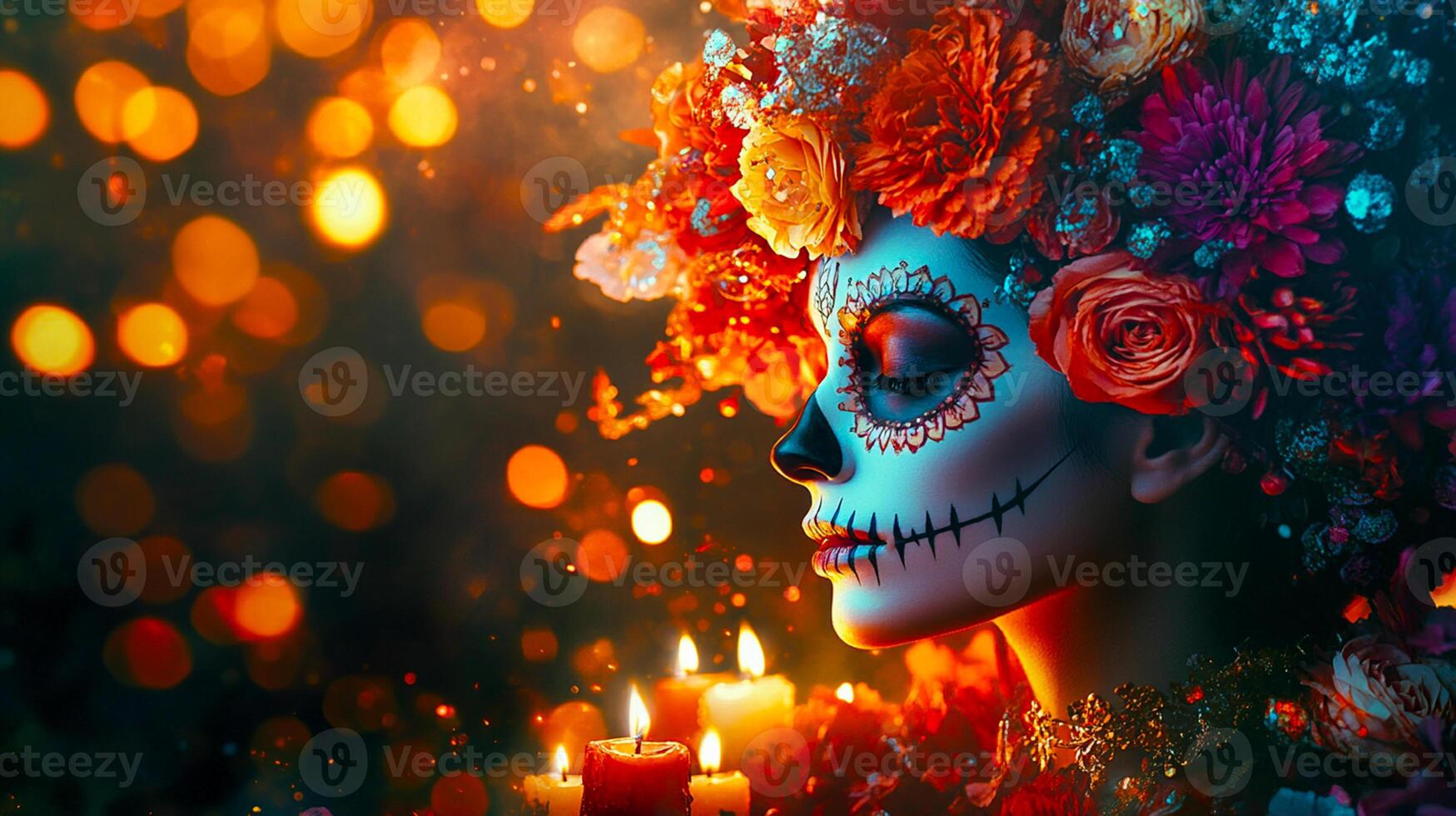 Day of the Dead Background Vibrant Mexican Festive Design with Sugar Skulls, Marigolds, and Traditional Patterns photo