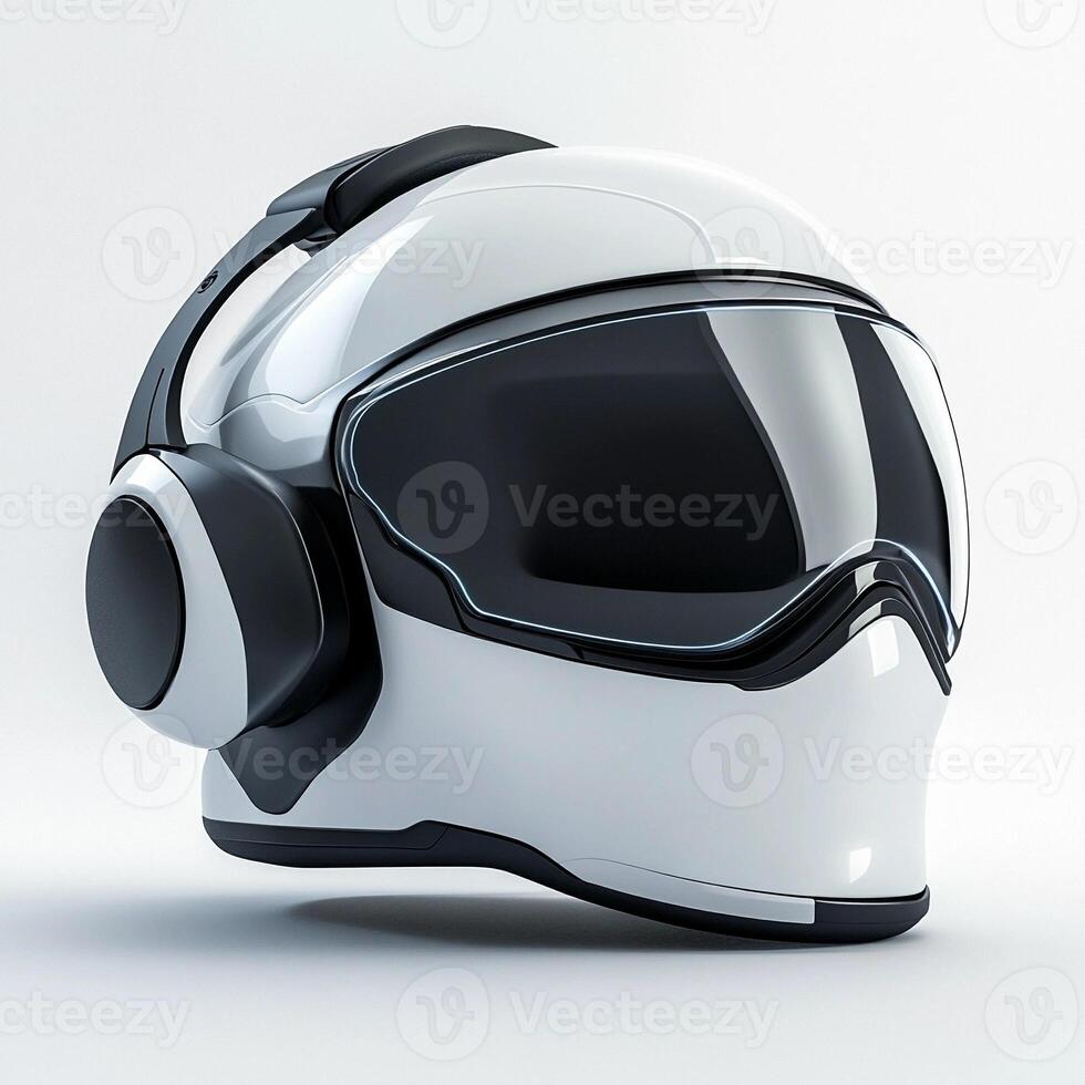 White and black motorcycle helmet with headset on white background photo