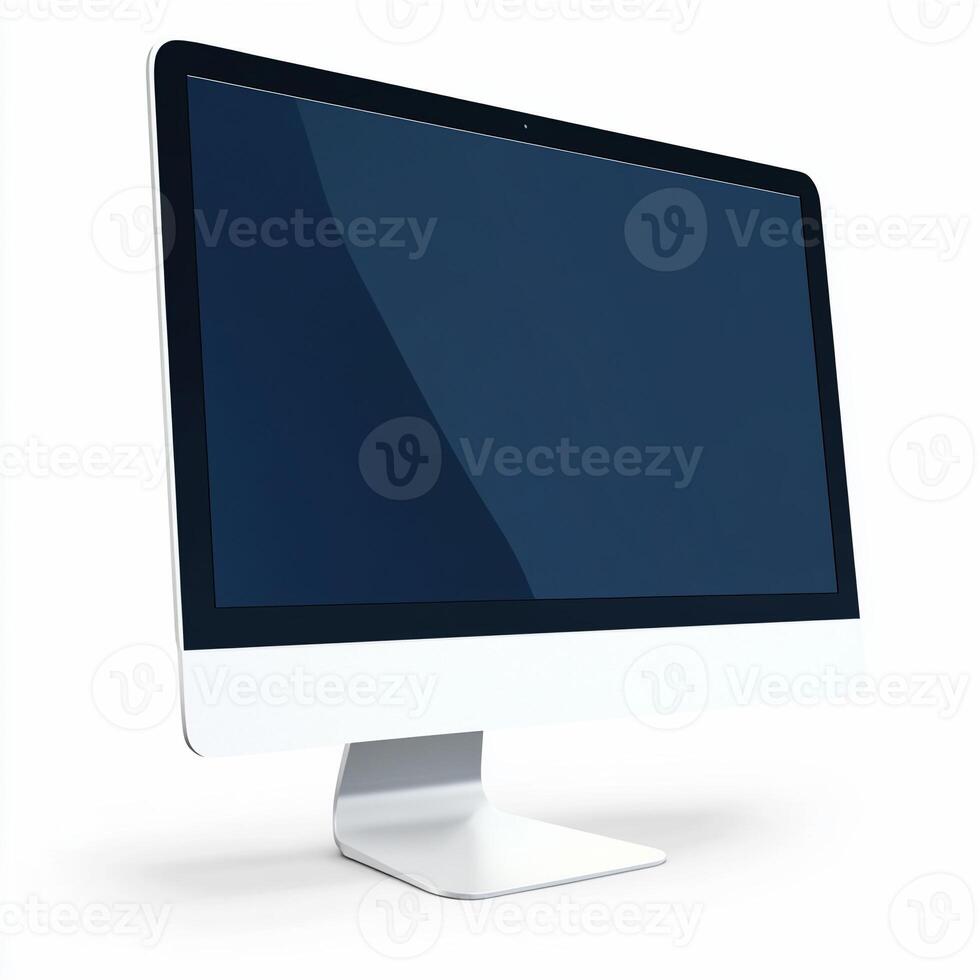 Modern desktop computer showing blank screen on white background photo