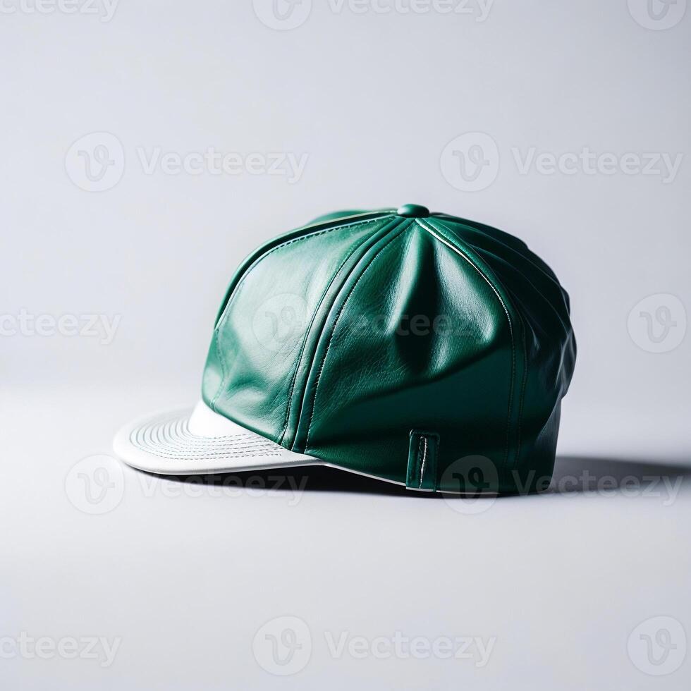Stylish green and white snapback cap on neutral background photo