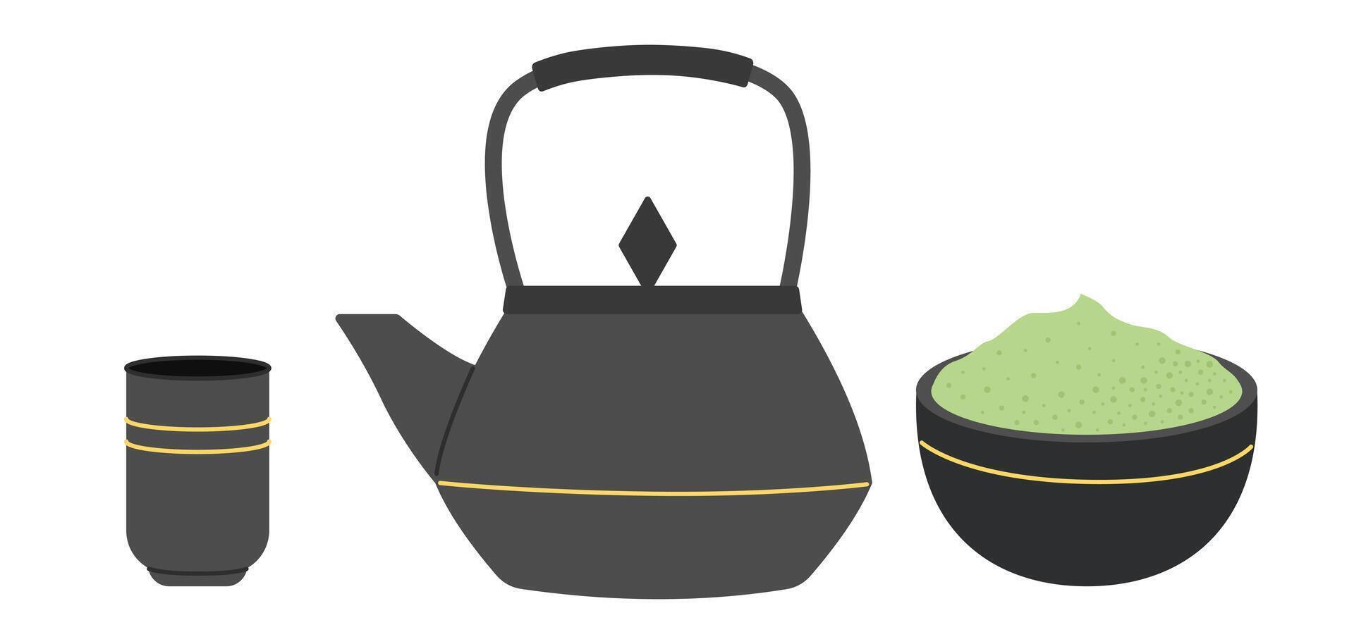 Matcha tea. Japanese green tea ceremony. Cooking accessories. Teapot, traditional cup, matcha powder. Flat illustration isolated on white background vector