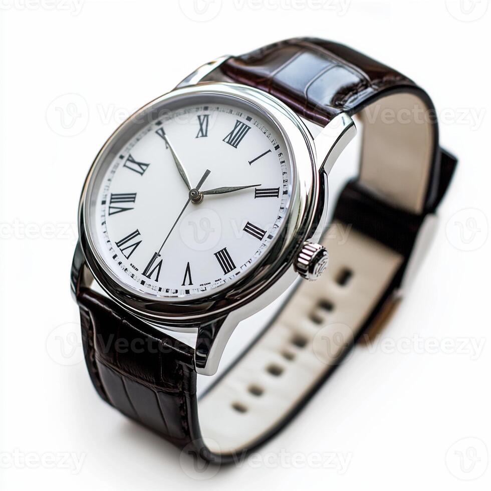 Luxury wristwatch with white dial and roman numerals displaying time photo