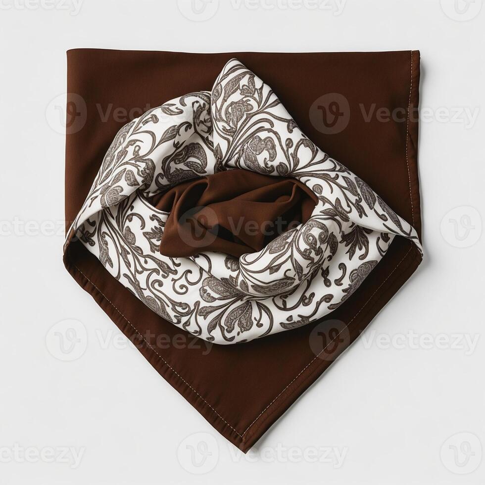Elegant brown and cream patterned silk scarf on white photo