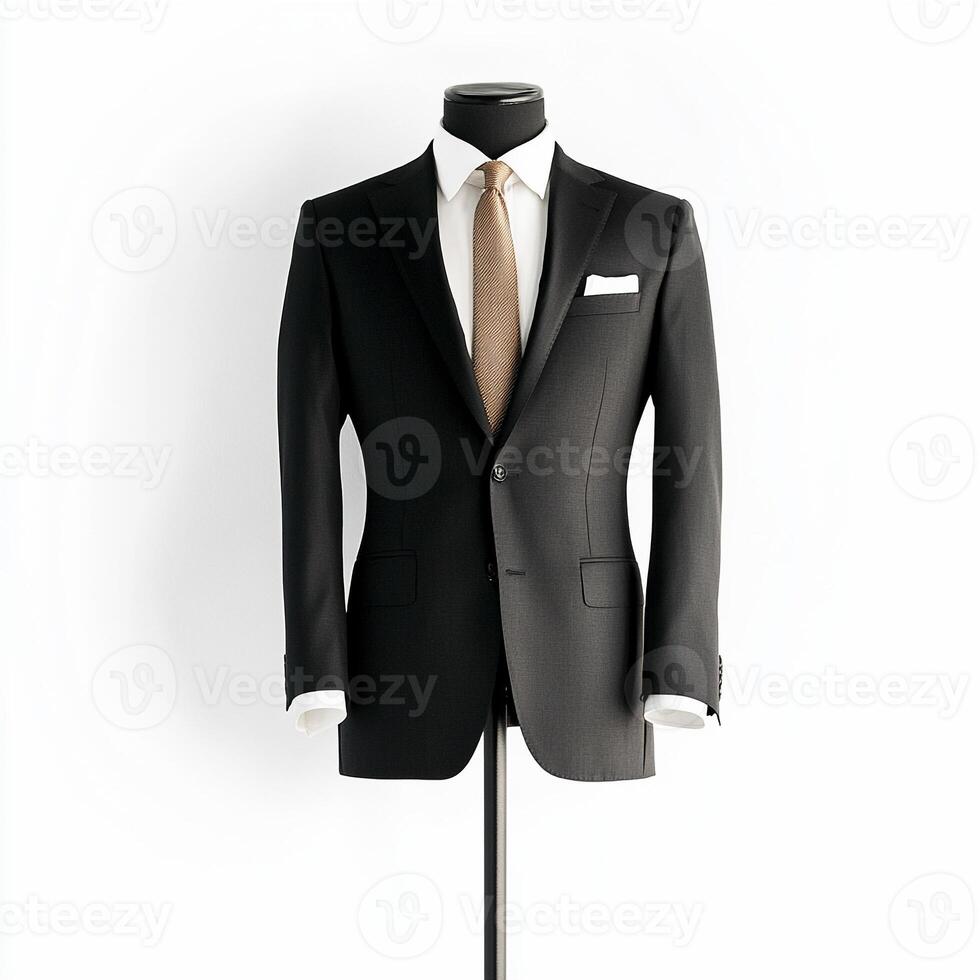 Black suit on mannequin with white shirt and gold tie photo