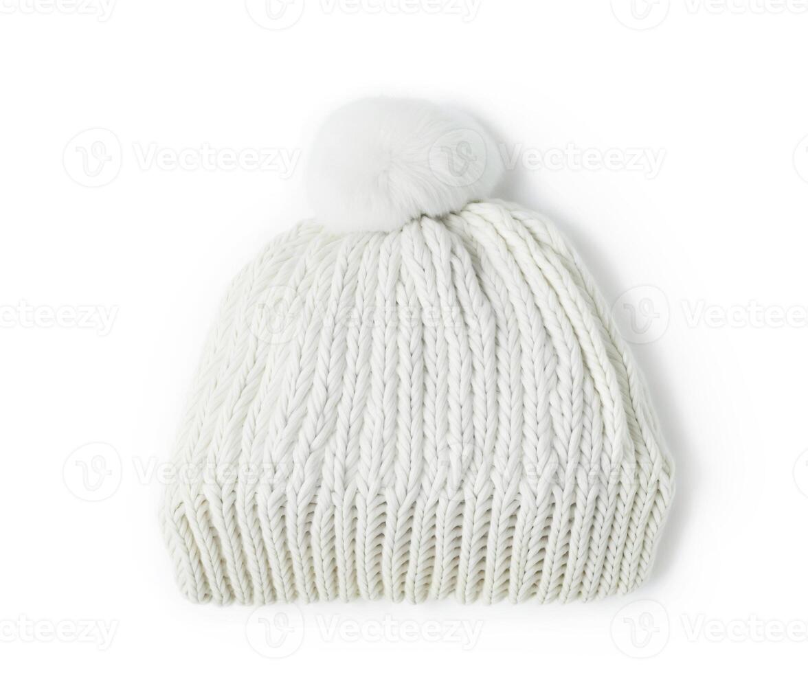 White Knitted Hat Isolated on White Background photo