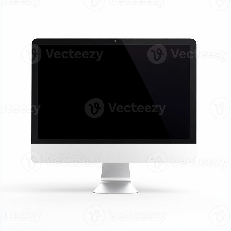 Modern desktop computer showing blank screen on white background photo