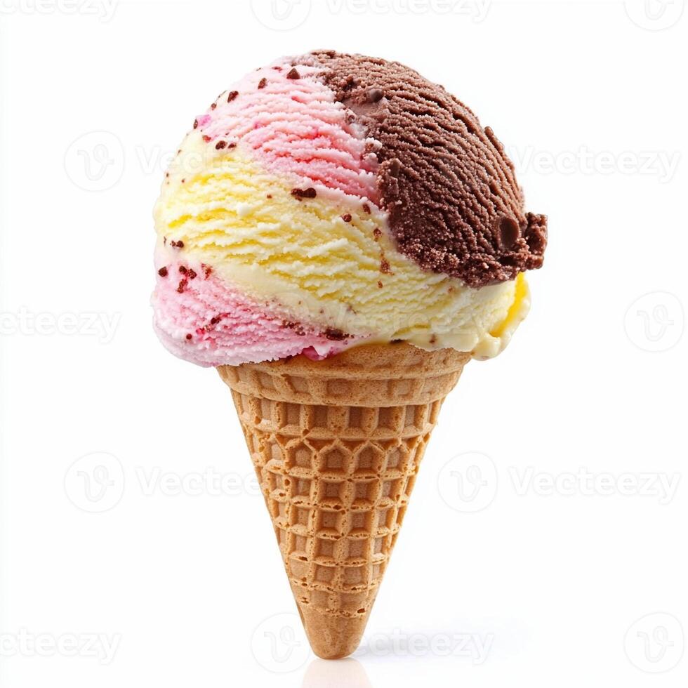 Delicious ice cream scoops with sprinkles standing in waffle cone photo