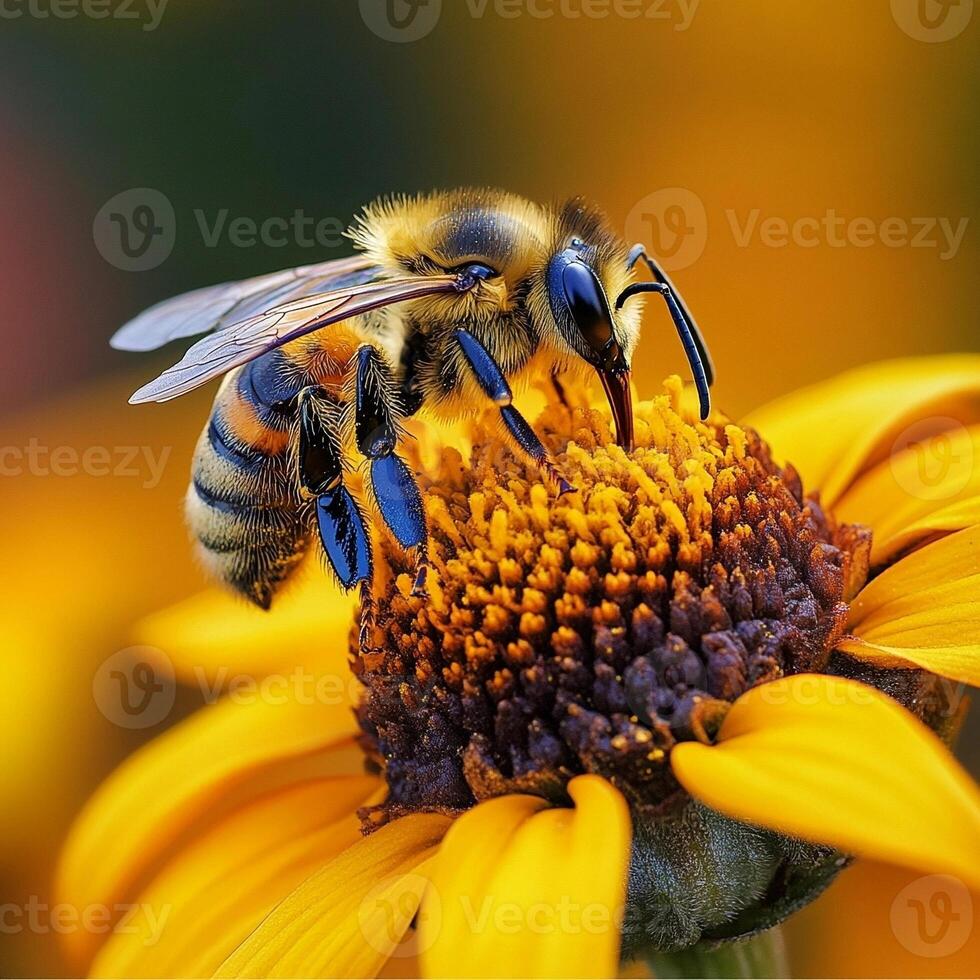 Honey bee gathering pollen on bright yellow sunflower photo