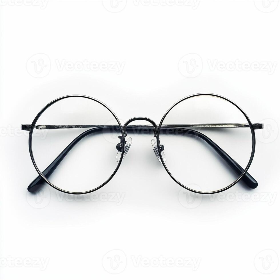 Round eyeglasses resting on white background photo