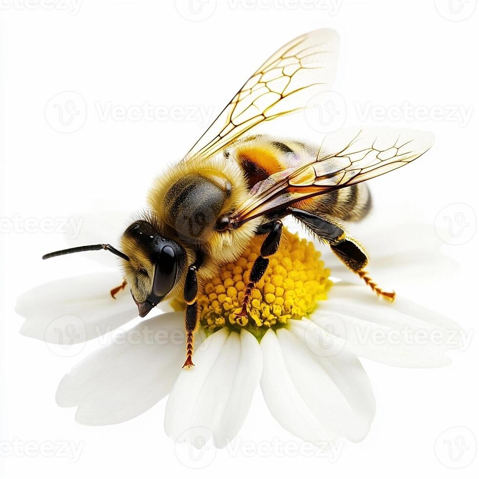 Honey bee standing on white daisy flower on white background photo