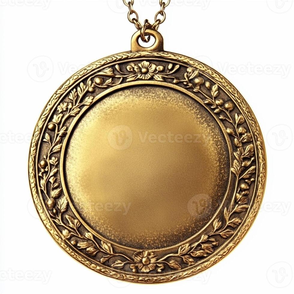 Golden medallion hanging on chain with floral ornamentation photo