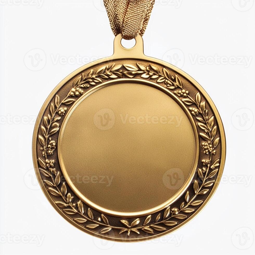 Blank gold medal with laurel wreath hanging on white background photo