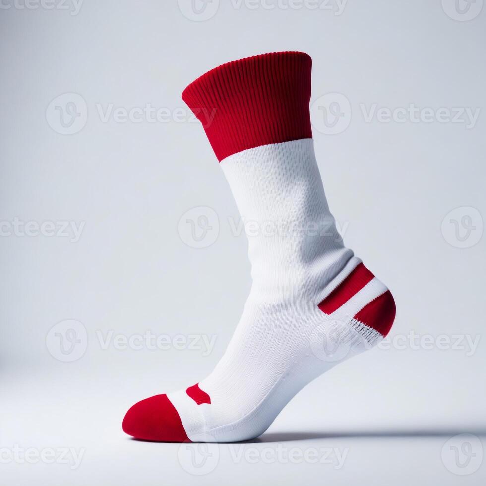 Red and white sport sock isolated on white background photo