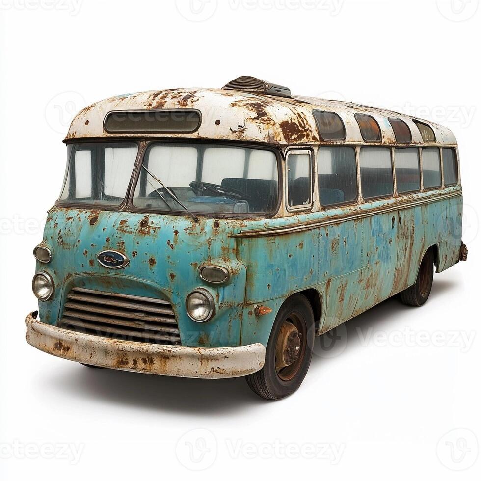 Old rusted abandoned coach bus showing decaying paint and metal photo