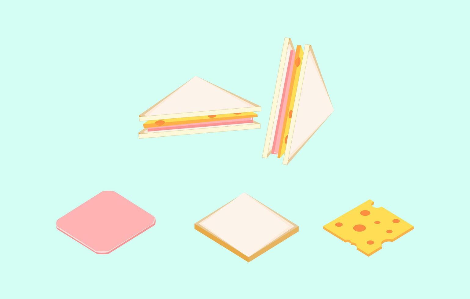 set of sandwich ingredients, finished sandwiches, Ham and Cheese sandwich, Quick breakfast, Lunch box food, Toast vector