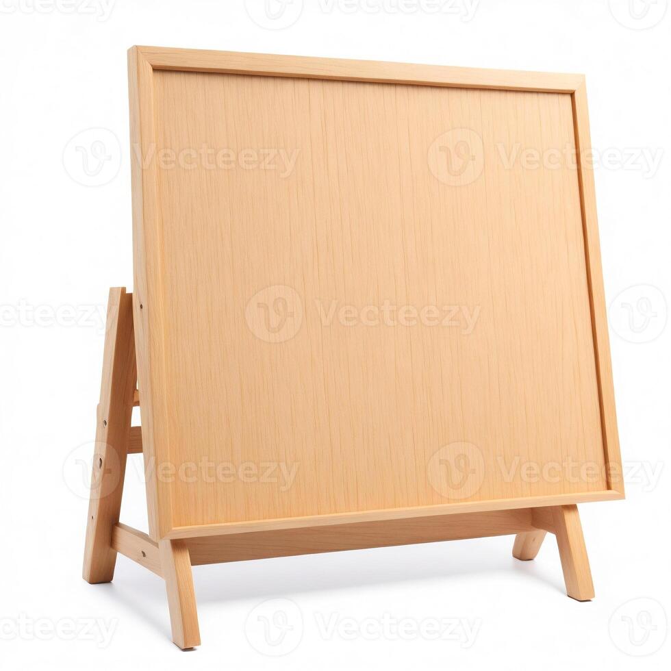 Clean, empty wooden easel on a white background, ideal for presentation mockups photo
