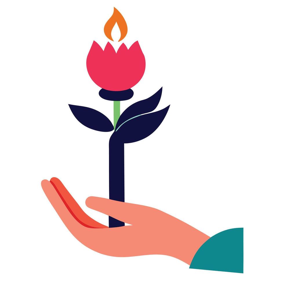 Hand Holding a Lit Candle with a Flower Base vector