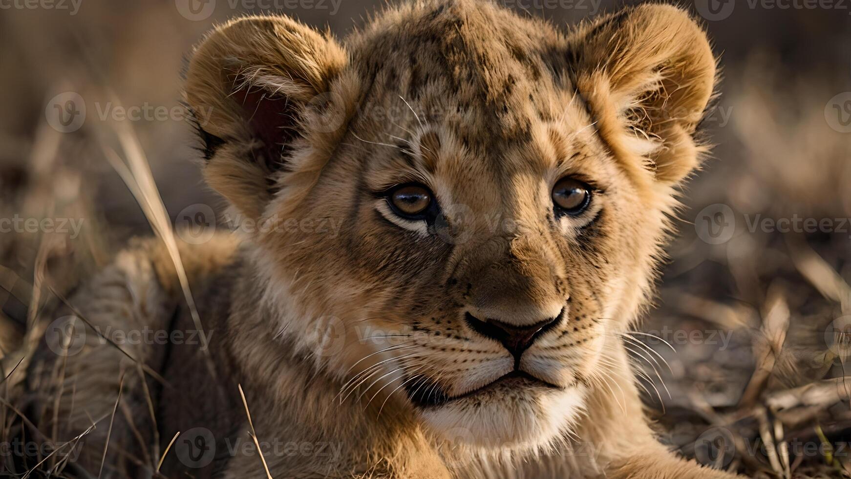 Adorable Lion Cub Portrait in Golden Hour Savanna Grassland photo