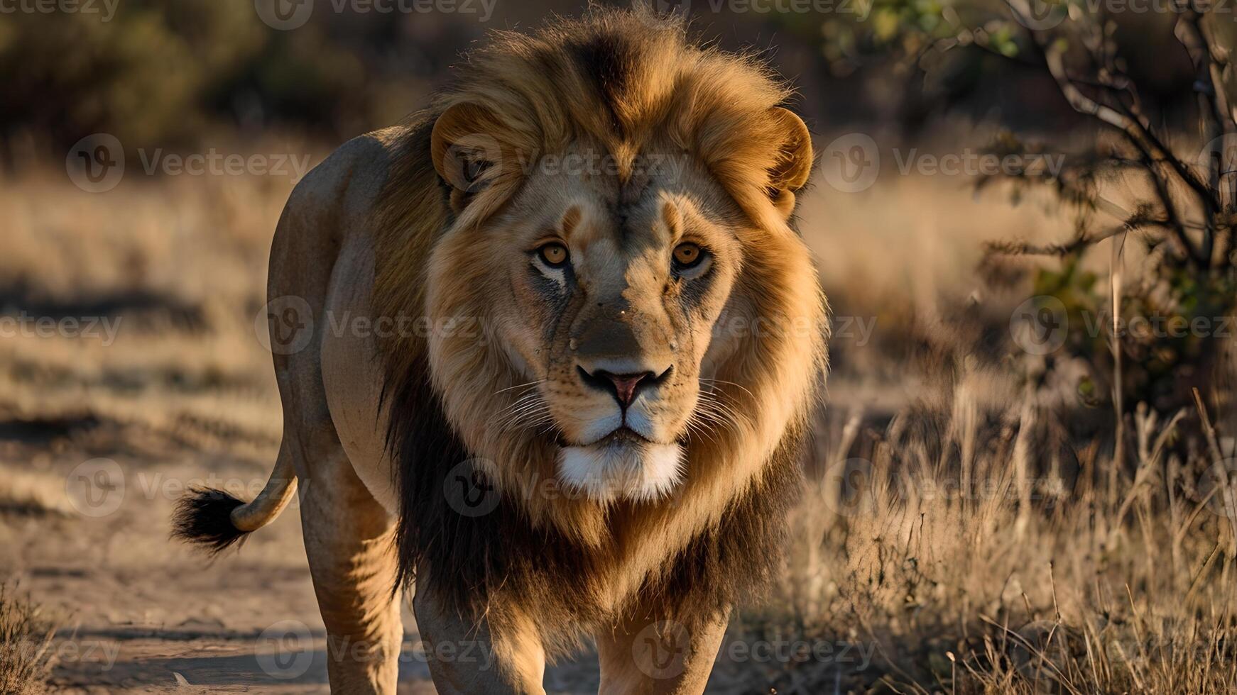 Majestic Male Lion Strolling in African Savanna at Sunset photo