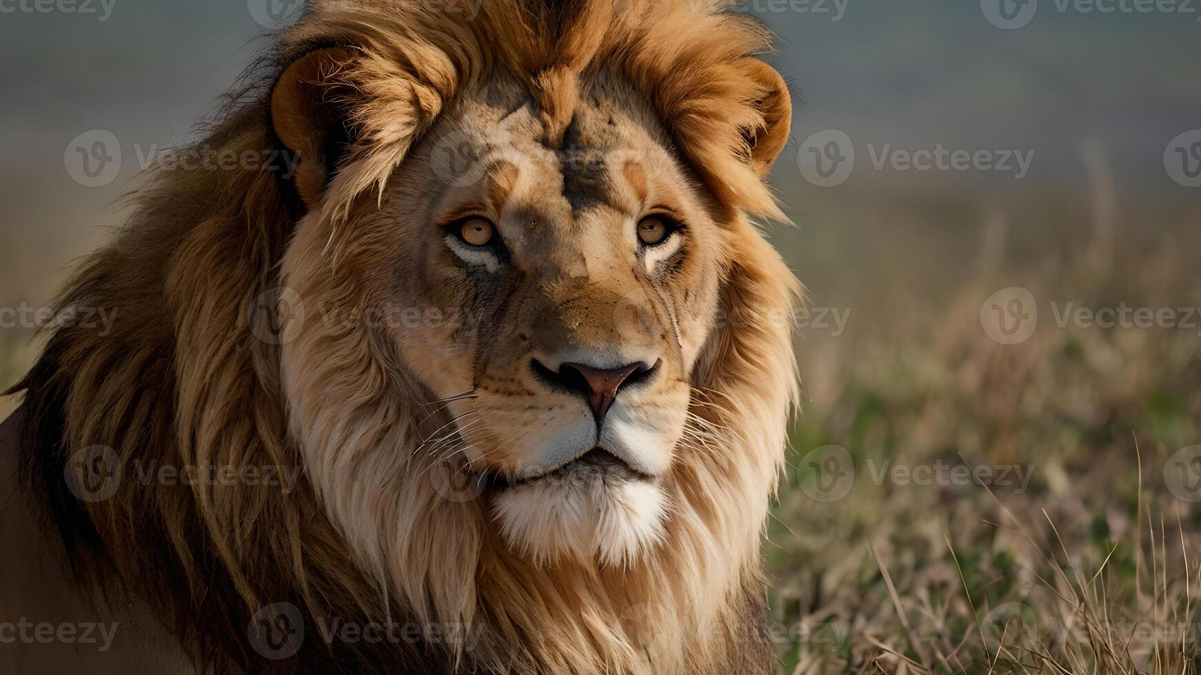 Majestic Male Lion Portrait in Serengeti Grassland photo