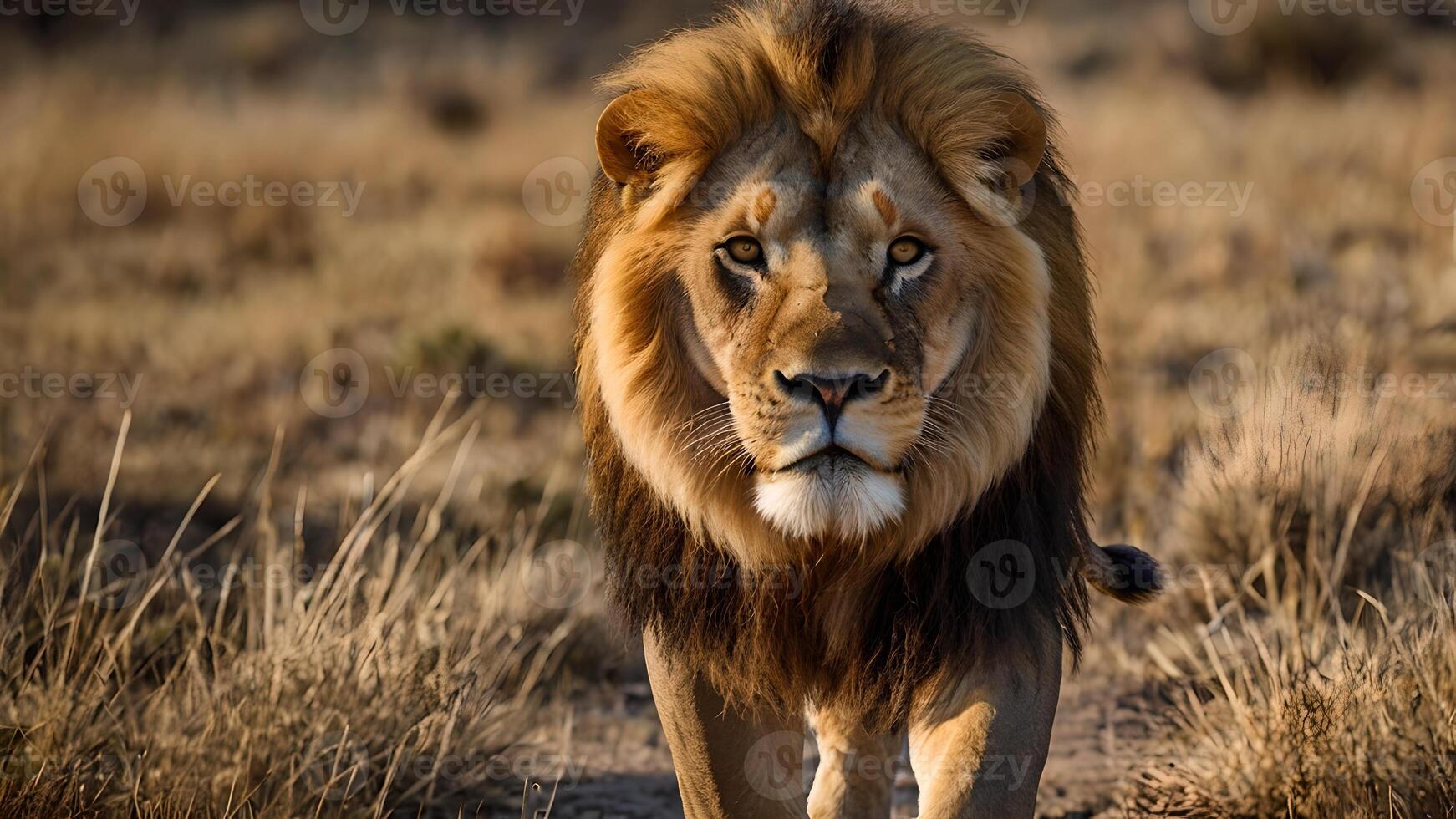 Majestic Male Lion Strolling Through African Savanna photo