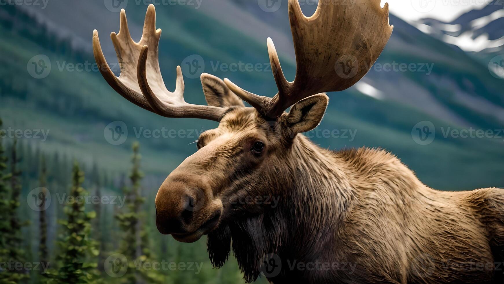 Majestic Alaskan Moose with Massive Antlers in Mountainous Habitat photo