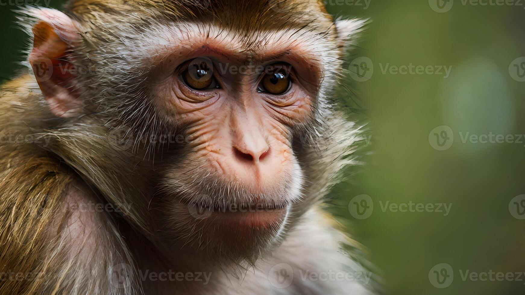 Serene Macaque Monkey Portrait in Lush Green Habitat photo