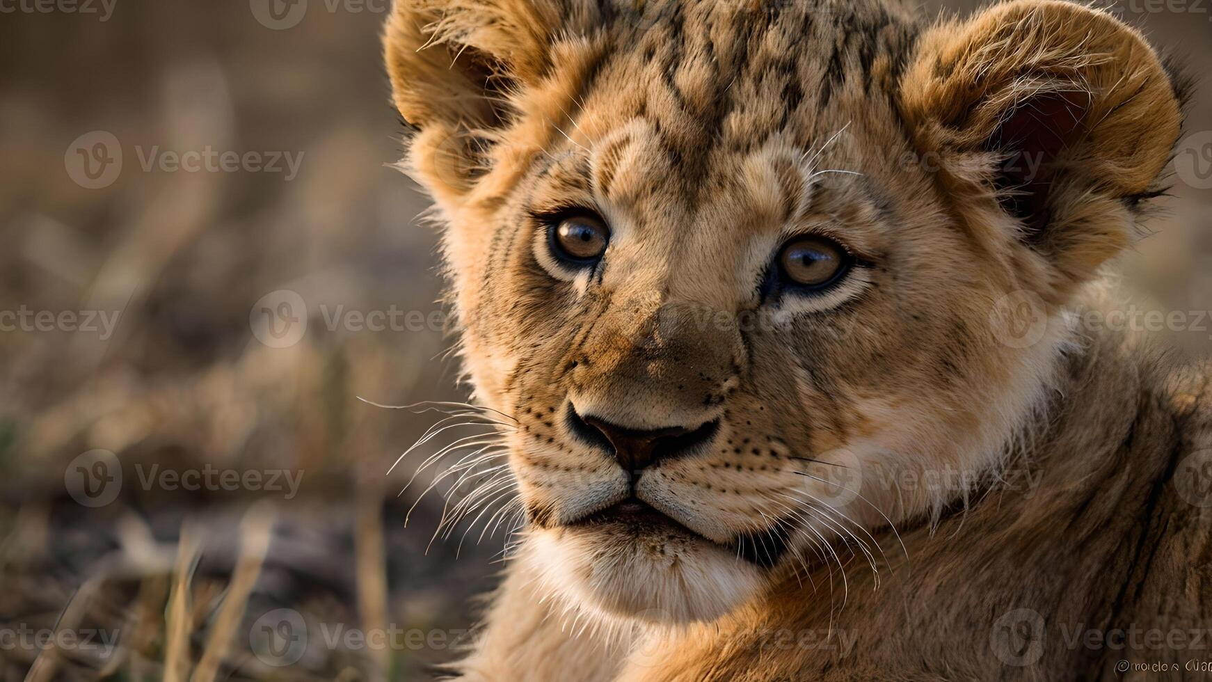 Adorable Lion Cub Portrait in Golden Sunlight photo
