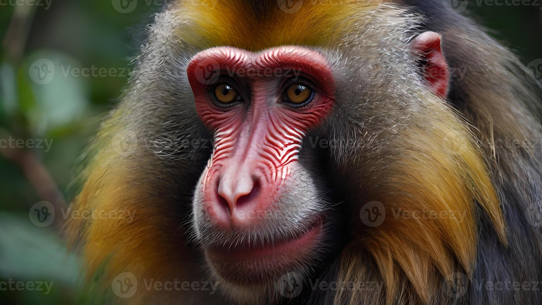 Vibrant Mandrill Portrait in Lush Green Habitat photo