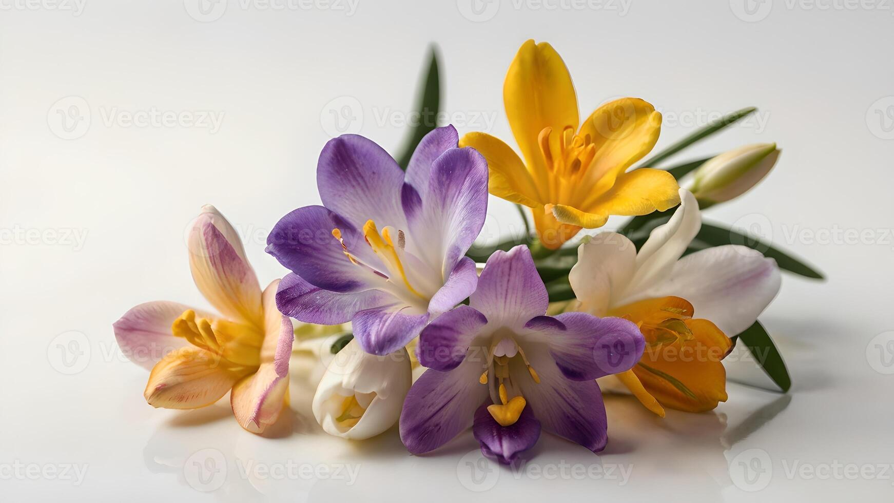 Delicate Freesia Flowers Bouquet on White Background photo