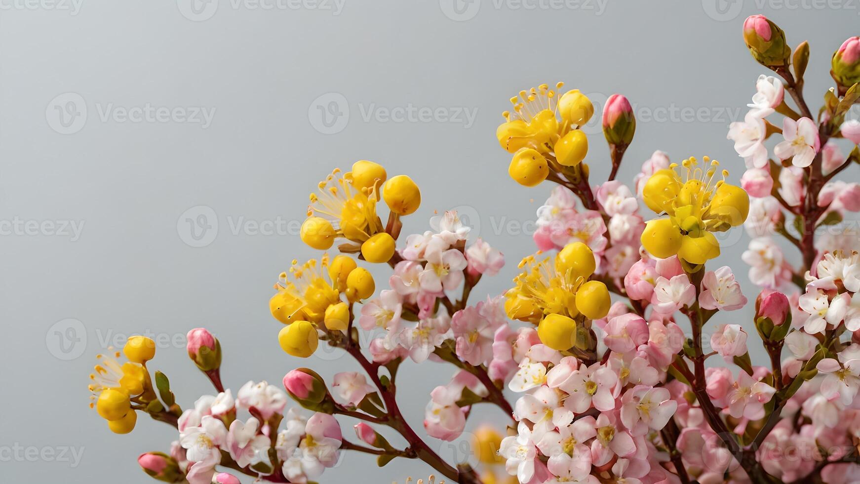 Delicate Pink and Yellow Spring Blossoms on Grey Background photo