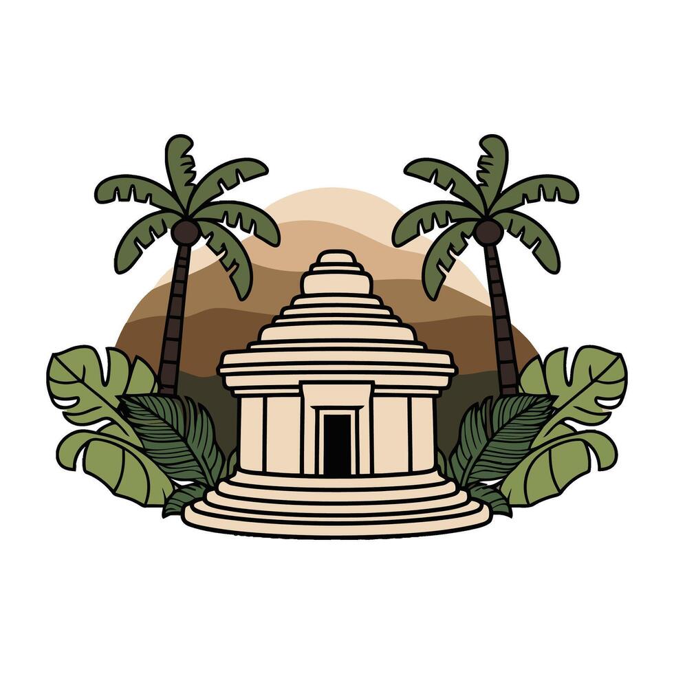 Ancient temple with palm trees and mountains illustration vector