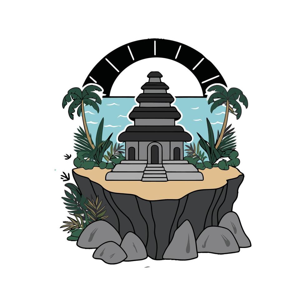 A temple on a rock with palm trees and water vector