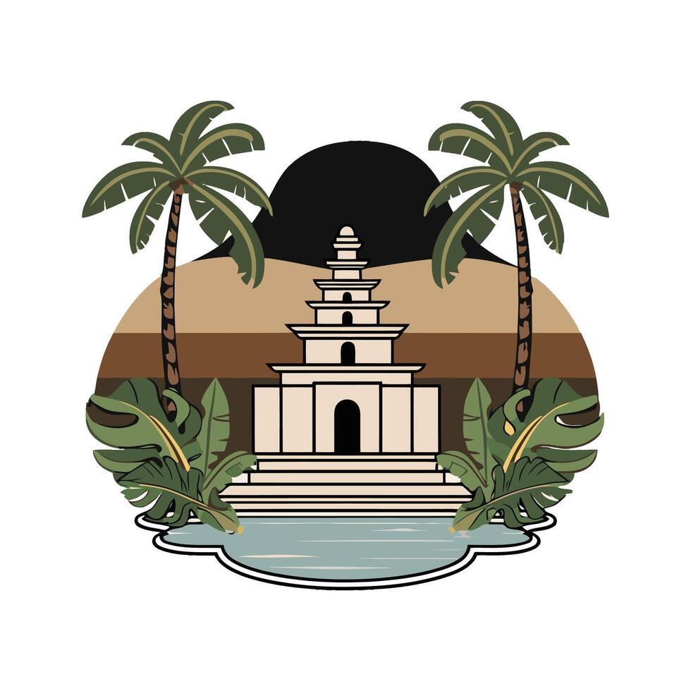 An image of a temple with palm trees and water vector