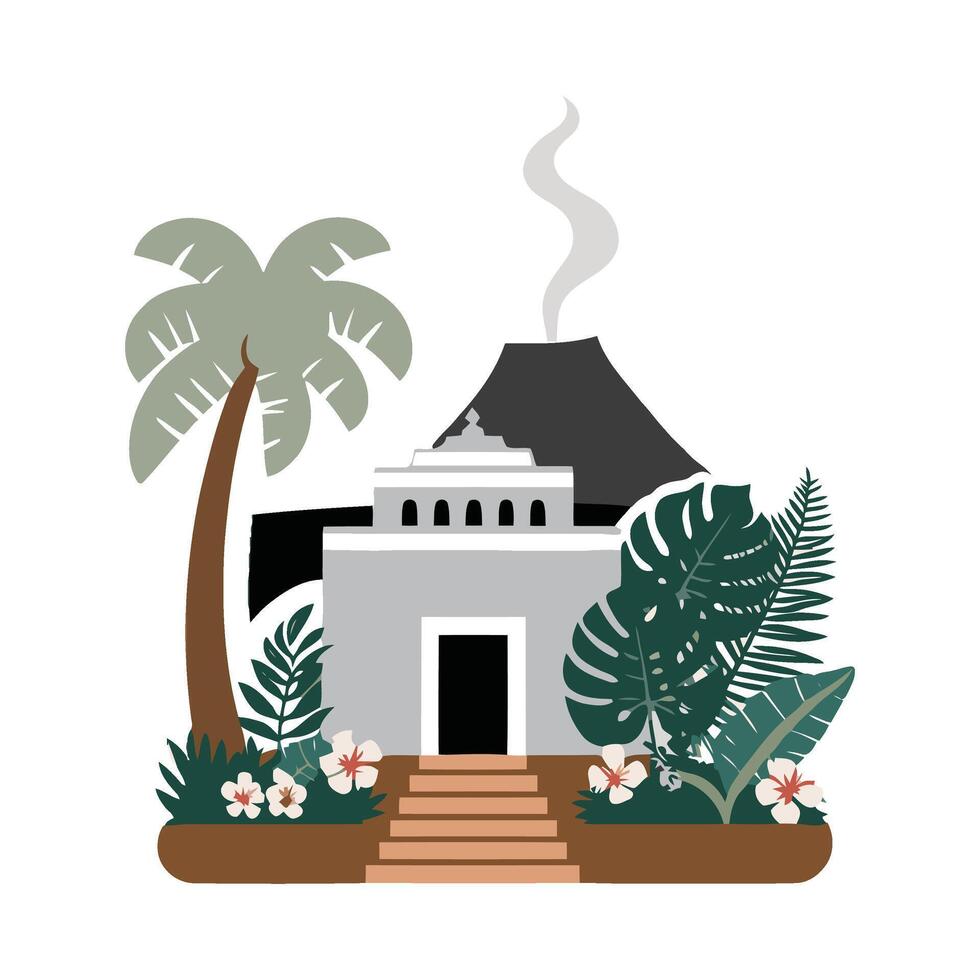 A building with a palm tree and a volcano vector