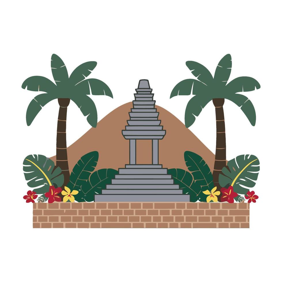 An illustration of a temple with palm trees and a mountain vector