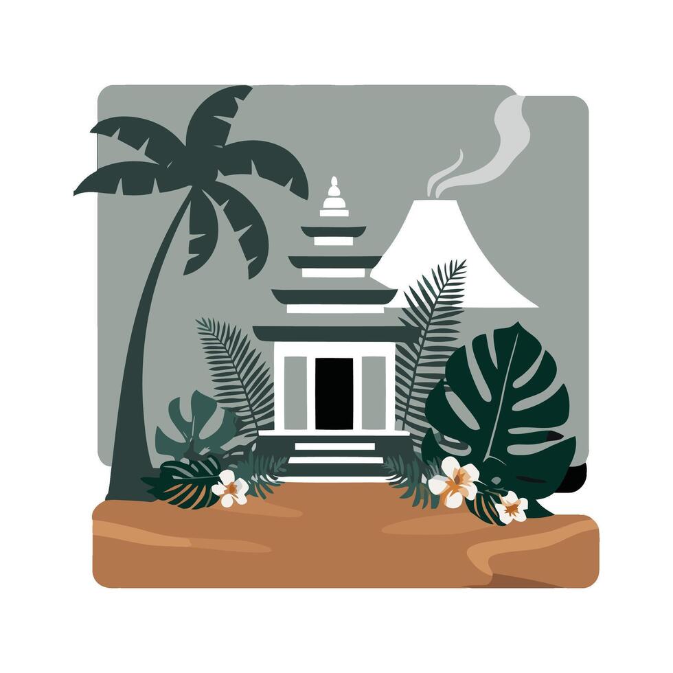 An illustration of a temple with palm trees and a volcano vector