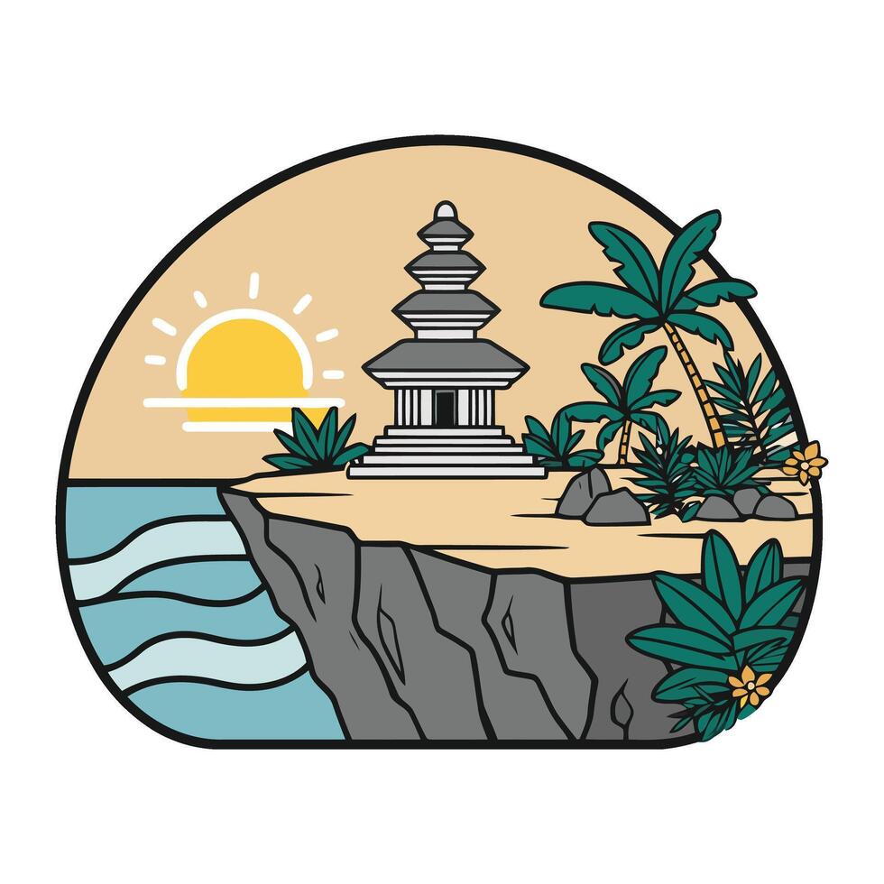 A temple on the island with palm trees and a sunset vector
