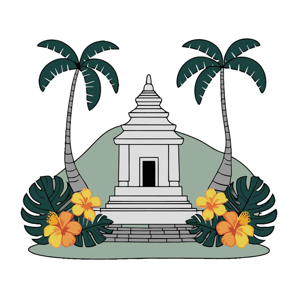 A temple with palm trees and flowers on a hill vector