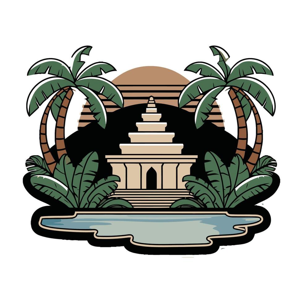 An image of a temple with palm trees and water vector