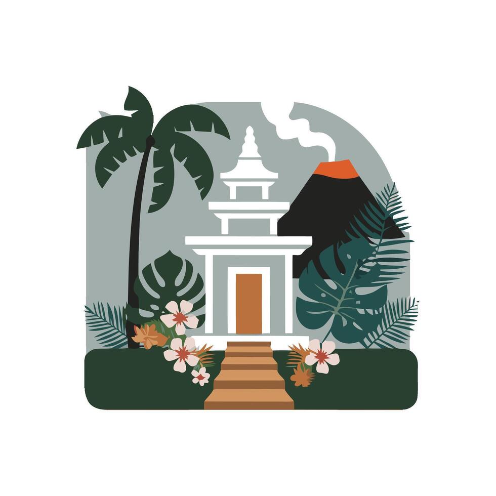 An illustration of a temple with palm trees and flowers vector