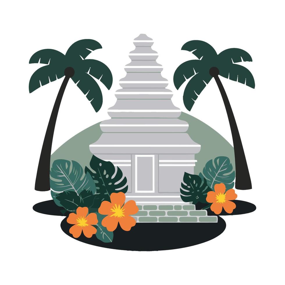 An illustration of a temple with flowers and palm trees vector