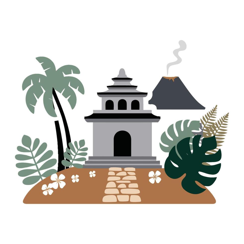 An illustration of a temple and a volcano vector