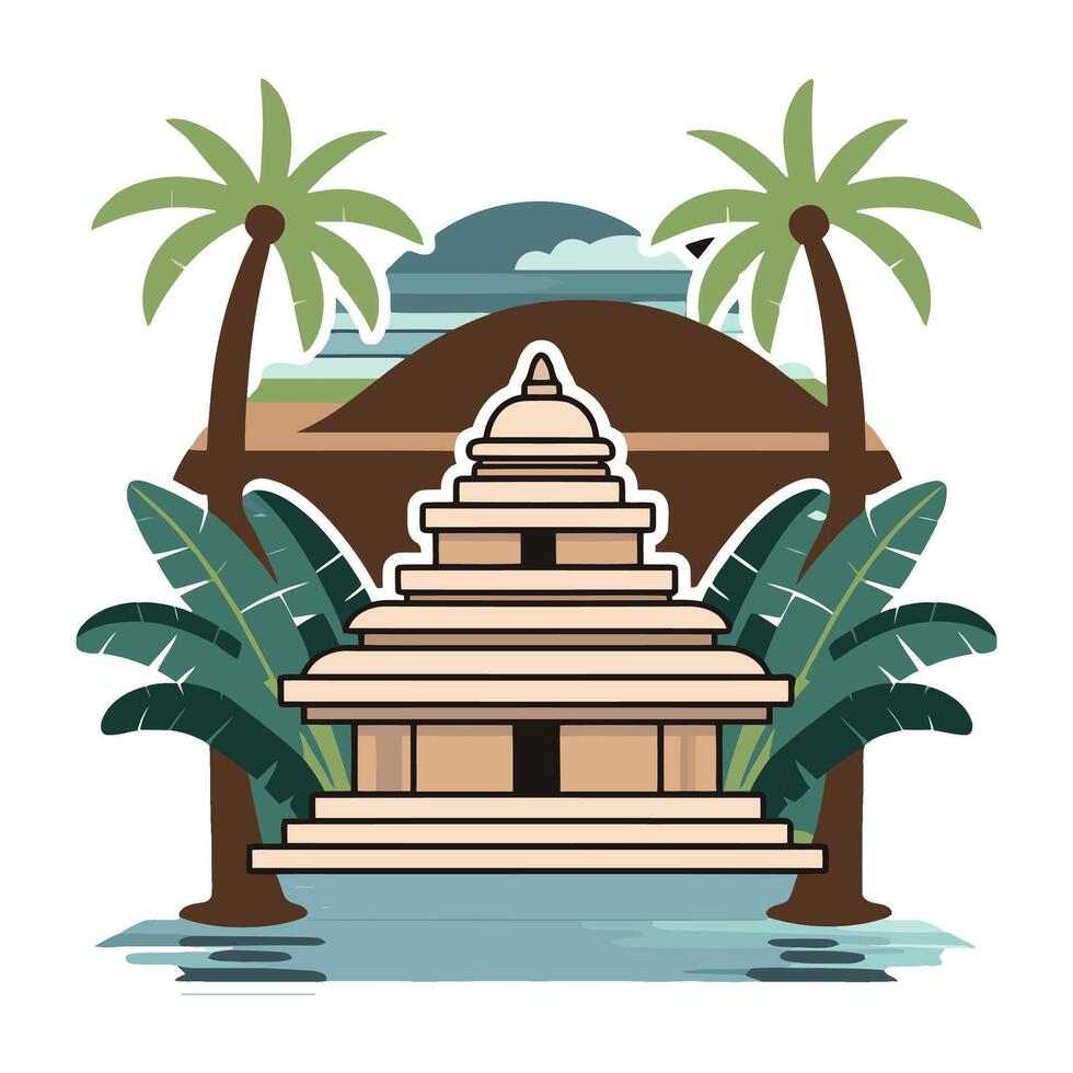 An illustration of a temple with palm trees and water vector