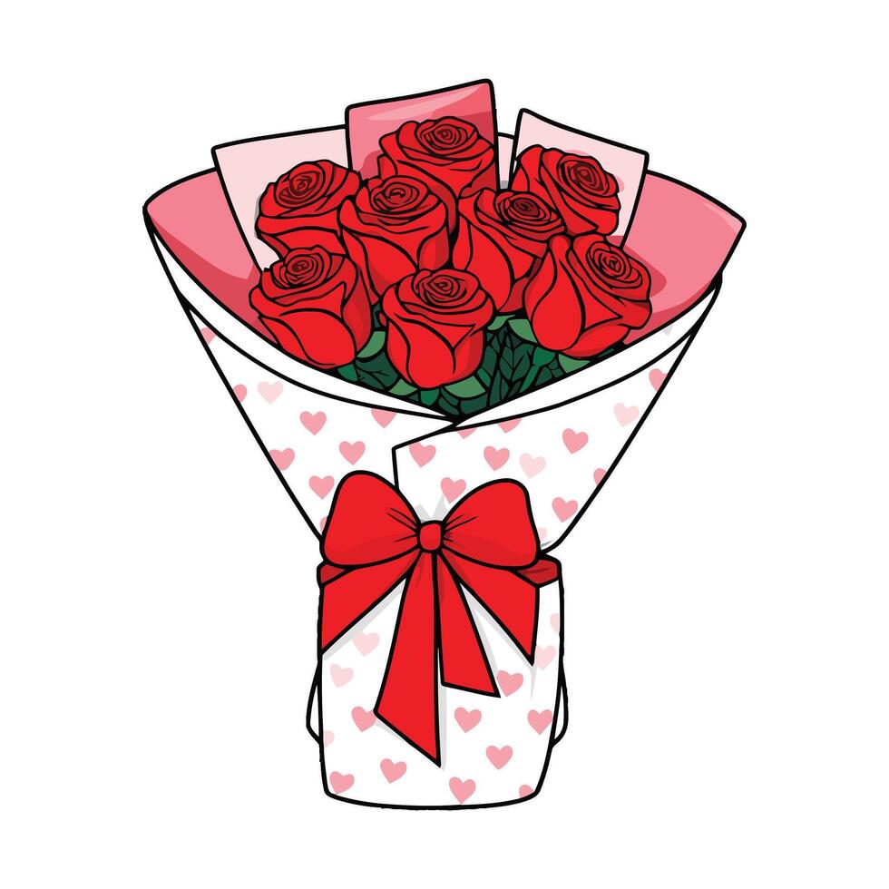 A bouquet of roses with hearts on a white background vector